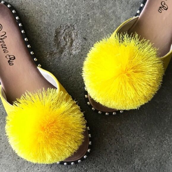 Famous Yellow Pom Silver Stud Slip On Mule Sandal - Picture 2 of 11